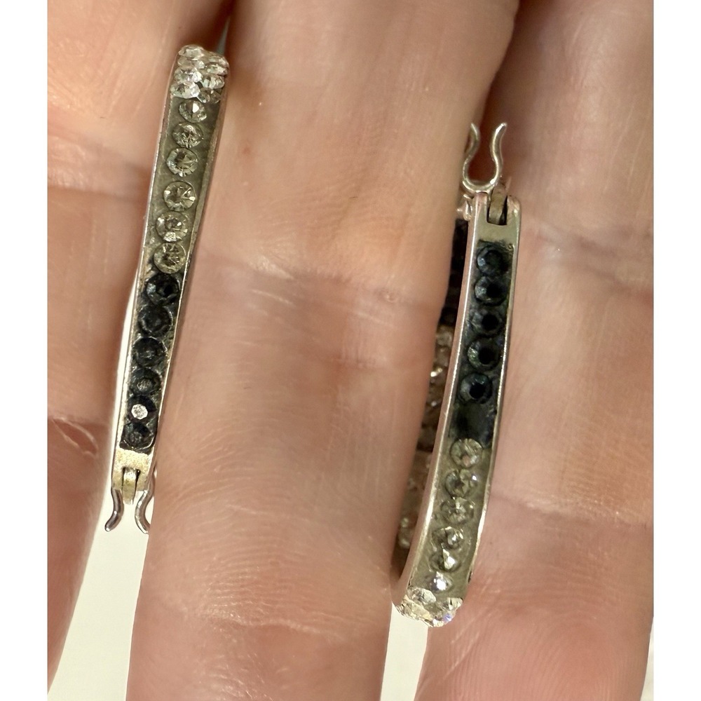 925 Sterling Silver Black‎ & Clear CZ Hoop Earrings Inside Out Oval